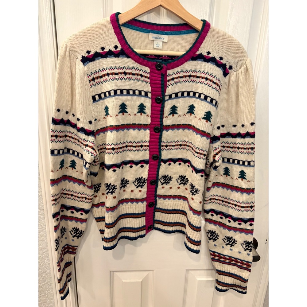 Sundance Cardigan Cream Fair Isle Wool Blend Hedgehog Tree Sweater L